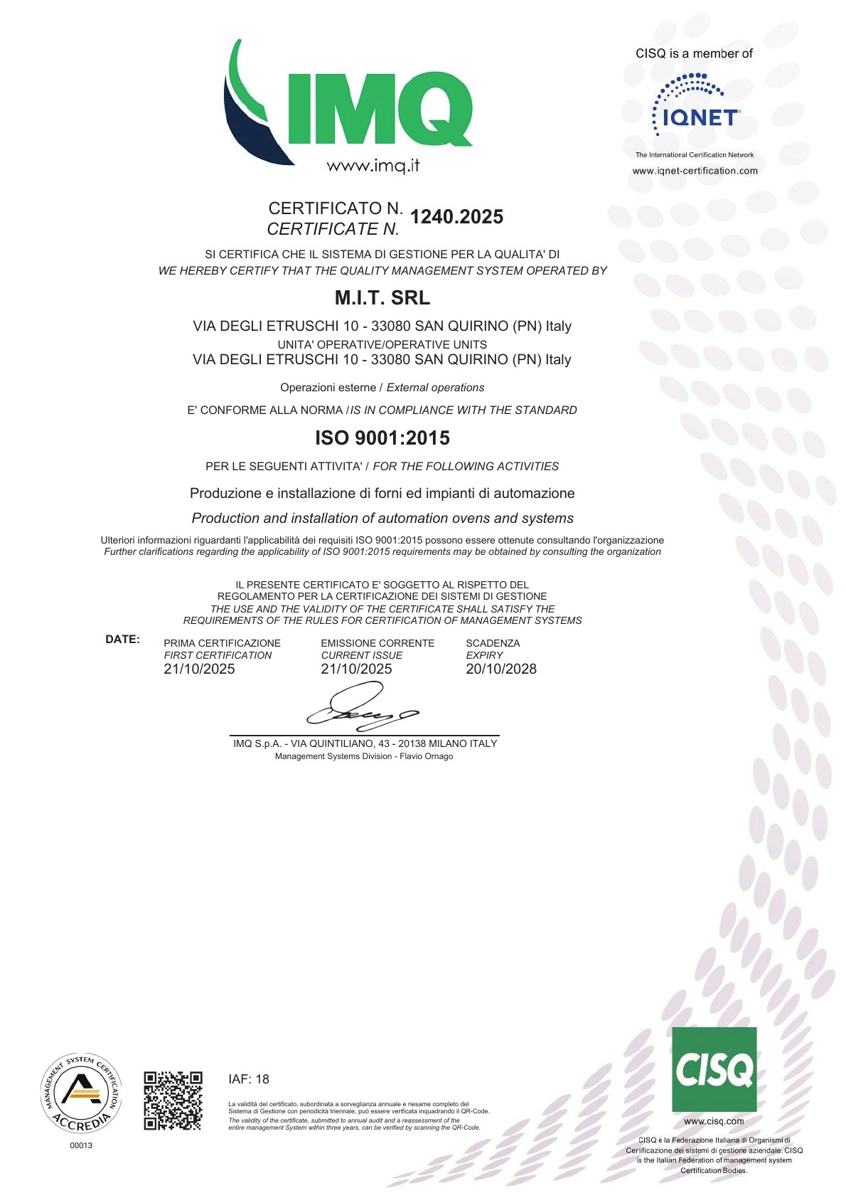 Certificato ISO 9001:2015 numero 1240.2025 di M.I.T. S.r.l.